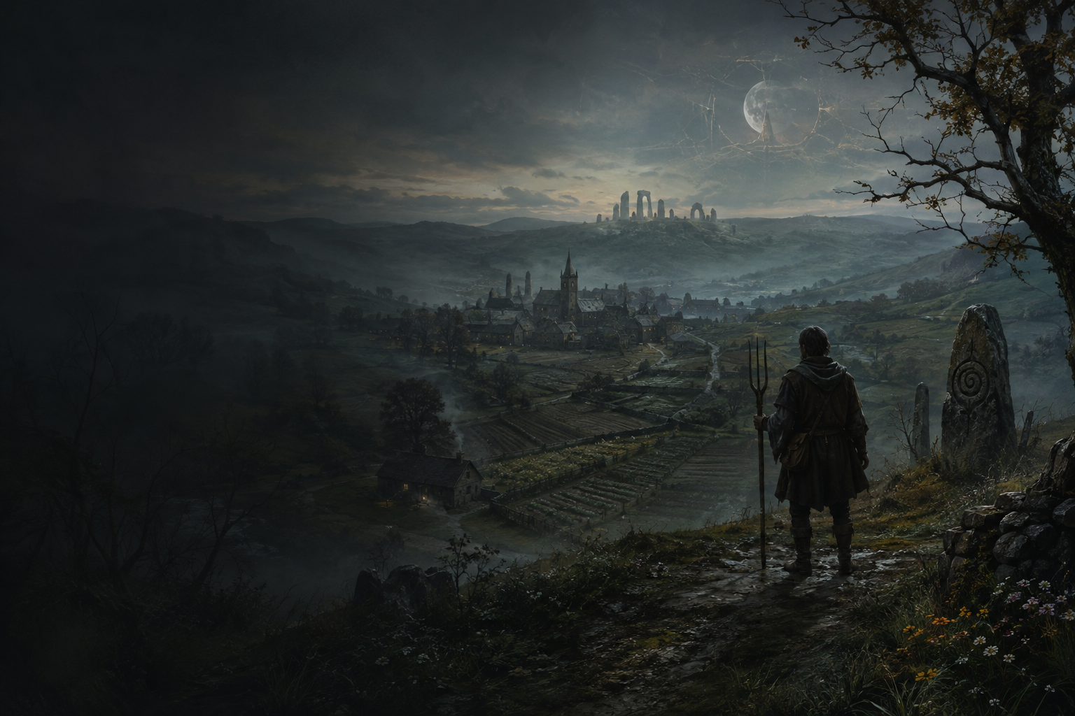 A lone farmer overlooks the misty fields and ancient ruins of Elderfield.